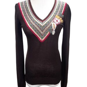 Vintage Kenzo Embroidered Sweater Med Fair Isle V-Neck Floral Appliqué Mohair